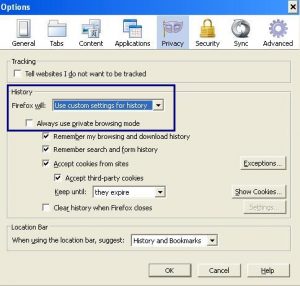 history settings in firefox
