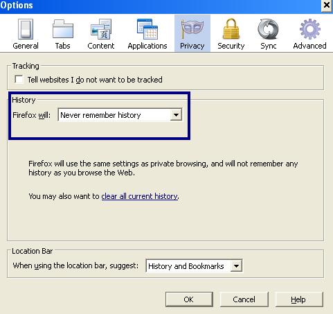never remember firefox history
