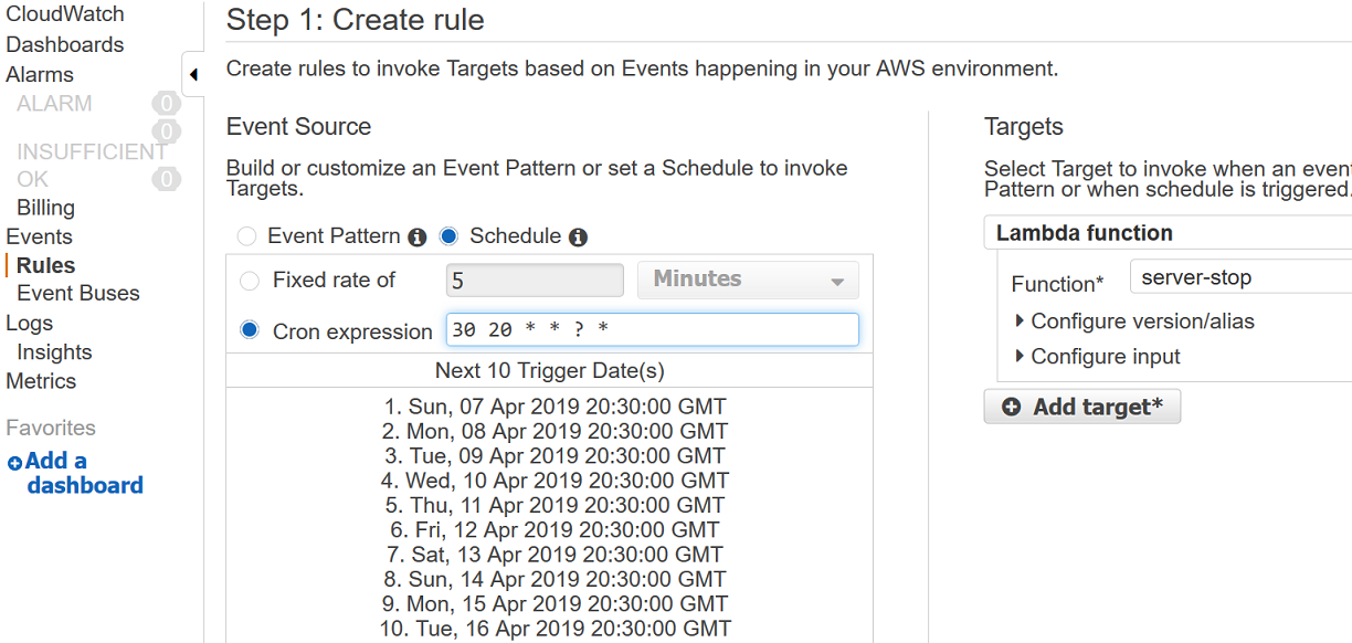 ec2 stop event rule setup in cloudwatch