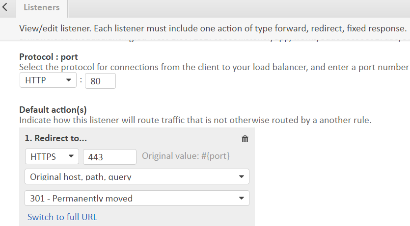 http to https redirection setup in ALB