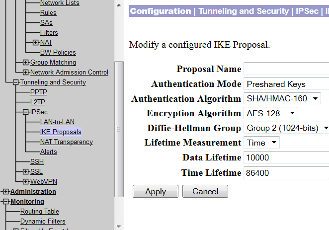 modify IKE proposal in concentrator