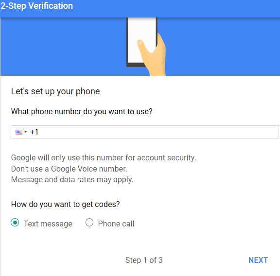 phone number setup in two-step verification method