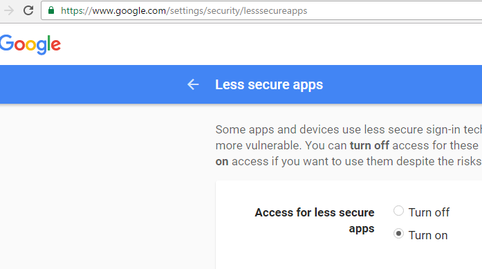 turn on access for less secure apps in gmail