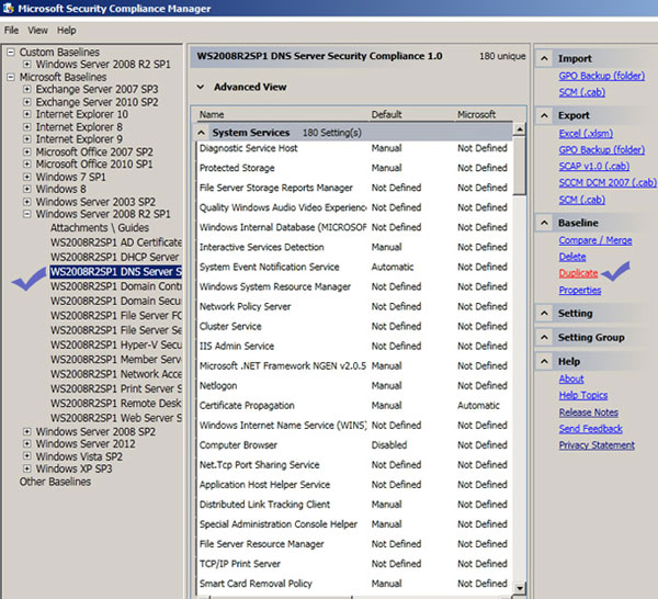windows security compliance manage settings for windows 2008